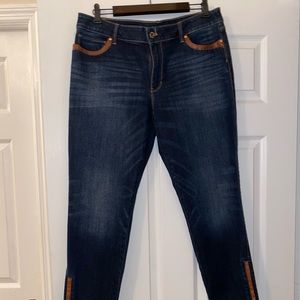 Faux leather trim skinny jeans